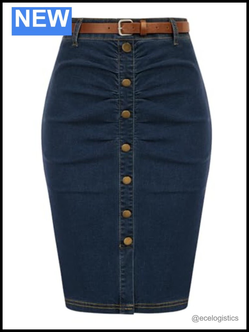 Women's Ruched High Waist Denim Pencil Skirt with Belt Bodycon Knee-Length
